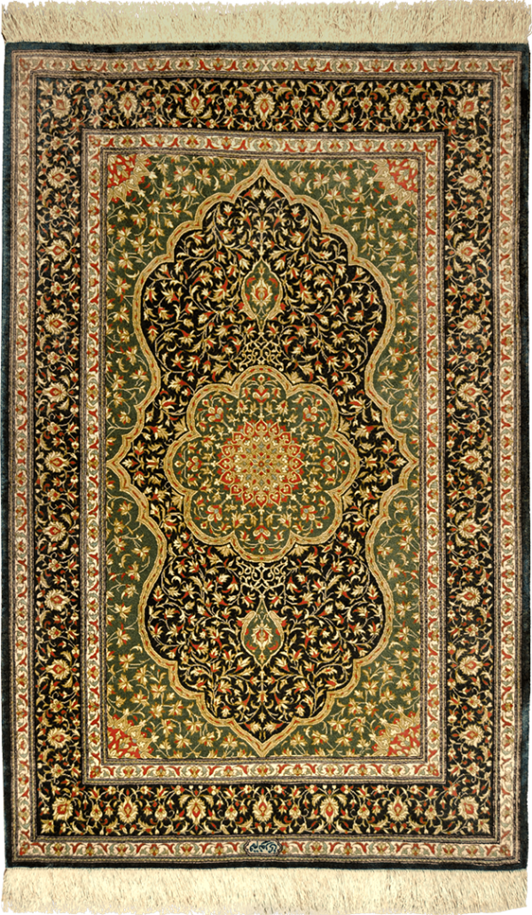 Шёлковый персидский ковёр зелёного цвета " Кум Медальон Нури"