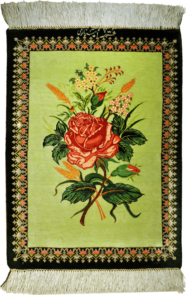 Шёлковый персидский коврик салатового цвета «Роза»