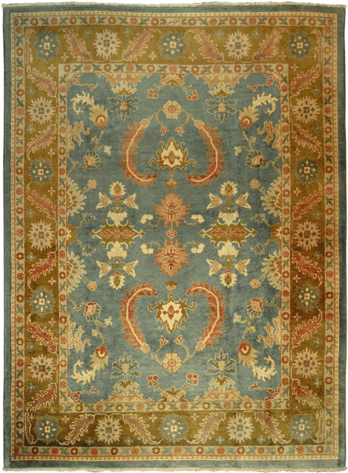 Шерстяной серо-голубой ковёр в этническом стиле