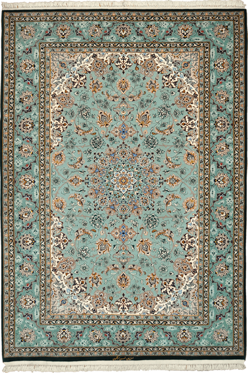 Персидский ковёр из шерсти и шёлка зелёного цвета "Исфахан Медальон Мортазави"