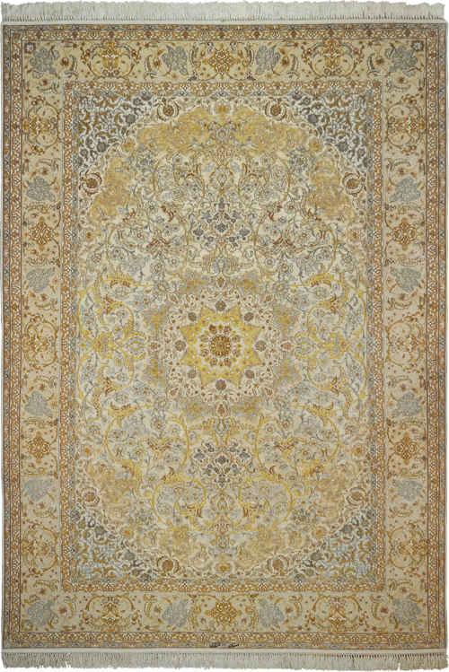 Персидский ковёр золотого цвета из шёлка и шерсти "Исфахан Медальон Энтешари"
