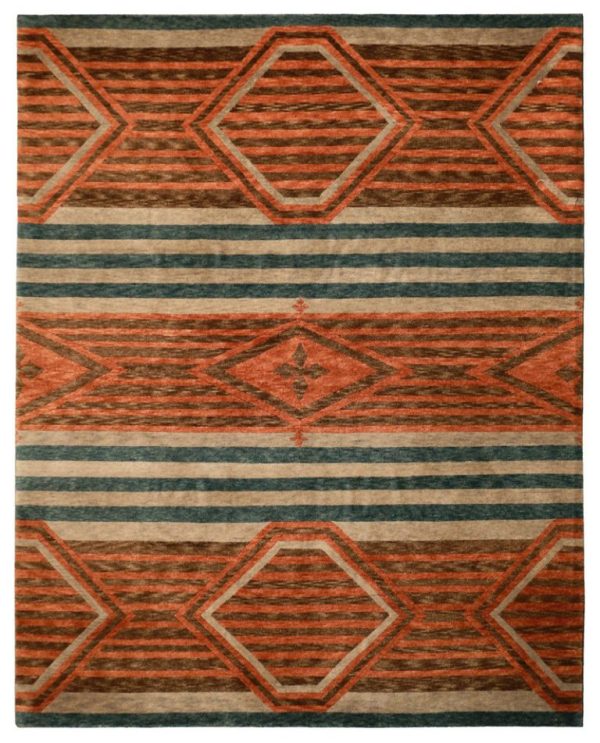Индийский шерстяной ковёр морковно-бирюзового цвета ручной работы