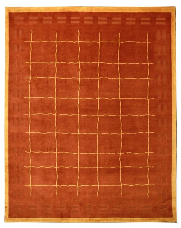 Индийский шерстяной ковёр морковного цвета в клетку