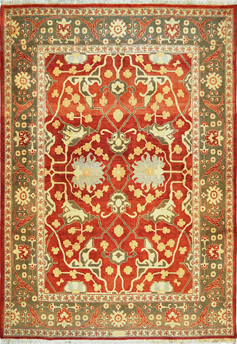 Красный персидский шерстяной ковёр с узором болотного цвета
