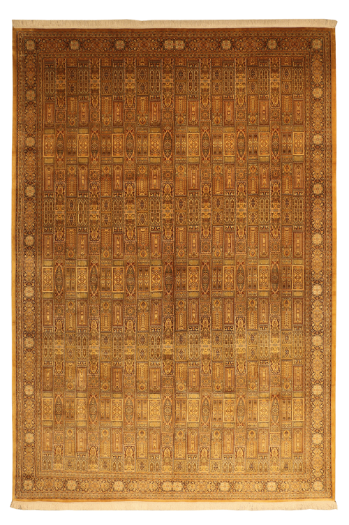 Кашмирский шёлковый ковёр ручной работы золотого цвета