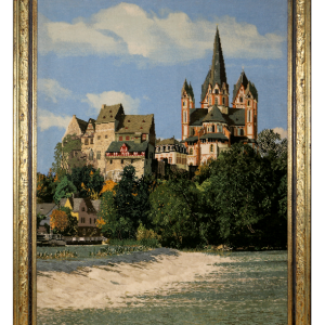 Ковровая картина ручной работы "Замок у реки" в золотой раме